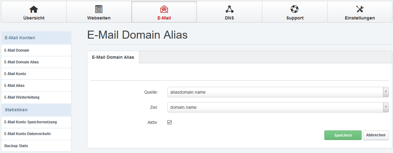 E-Mail Domain Alias hinzufügen/bearbeiten